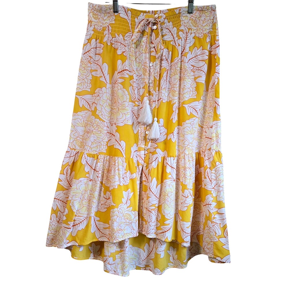 Spoon Jeans Bohemian Floral High-Low Midi Skirt Yellow White Smocked Tassel XL